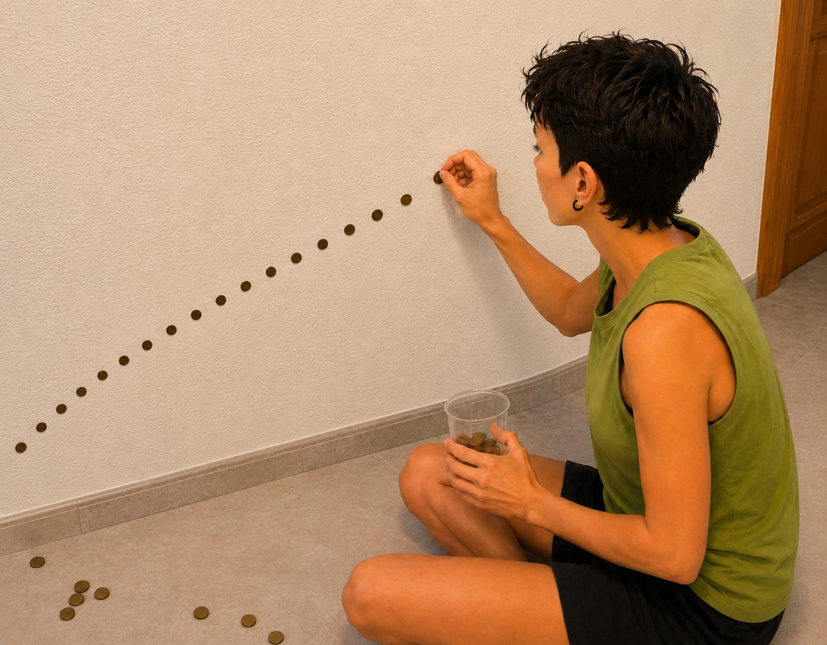 Una mujer sentada en el suelo coloca monedas en la pared, formando una línea ascendente de monedas que se sostienen sin soporte.